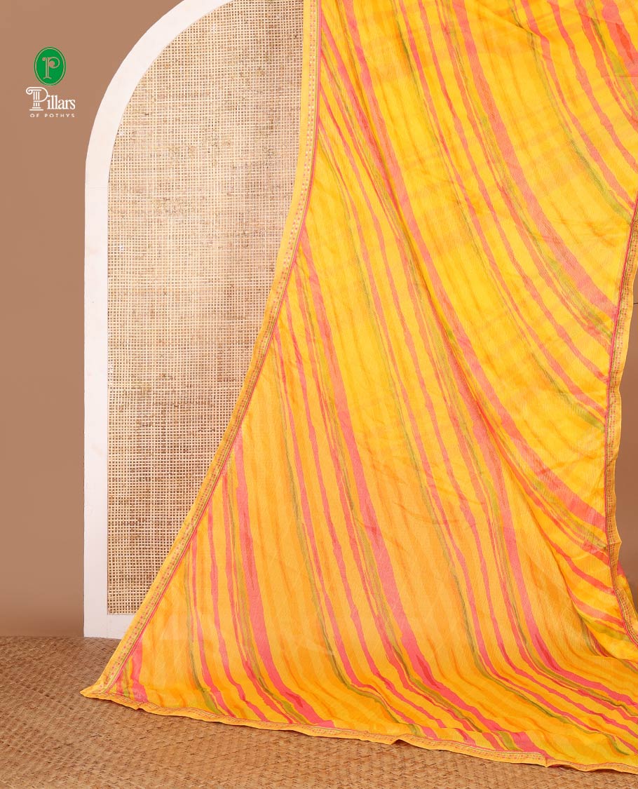 Yellow digital printed sitara shimmer saree with lace border & self pallu along with plain blouse