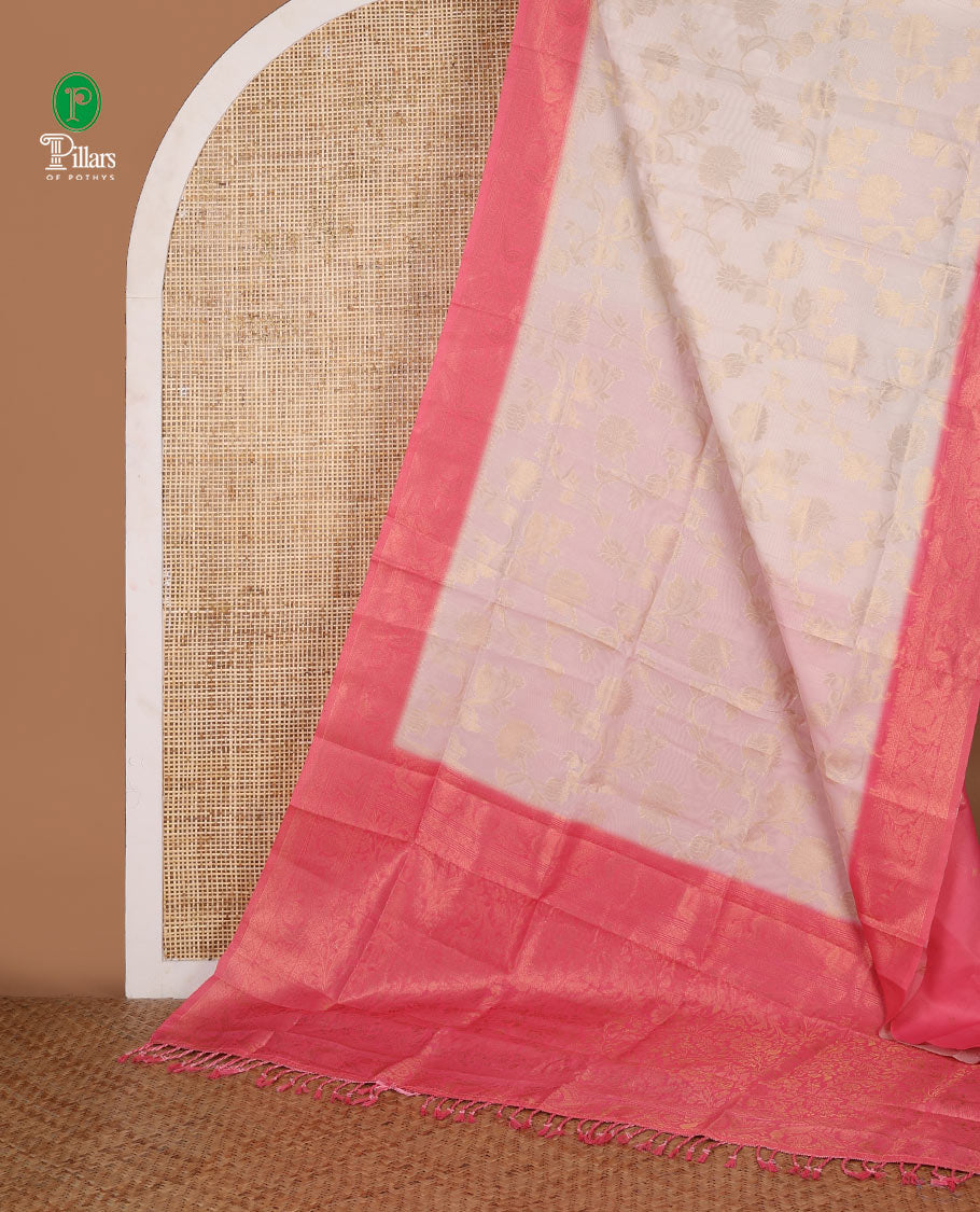 Cream with pink zari jall weaving design banaras brasso saree with contrast jacquard border & weaving pallu along with butta design blouse