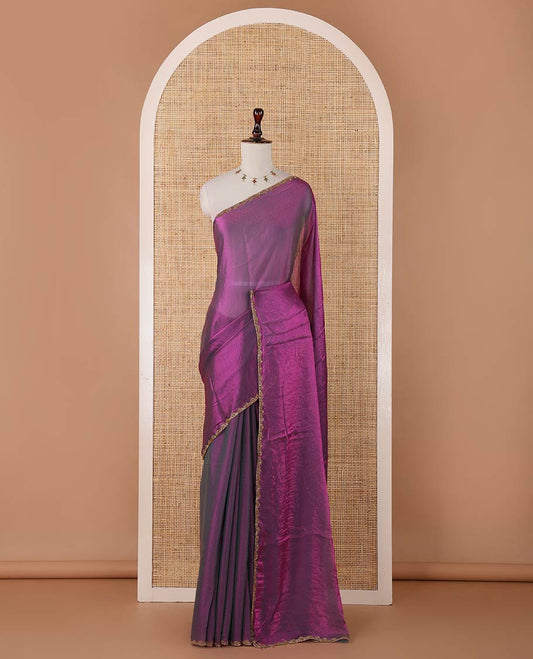 Wine color fendy chiffon saree with hand work border & self pallu along with hand work blouse