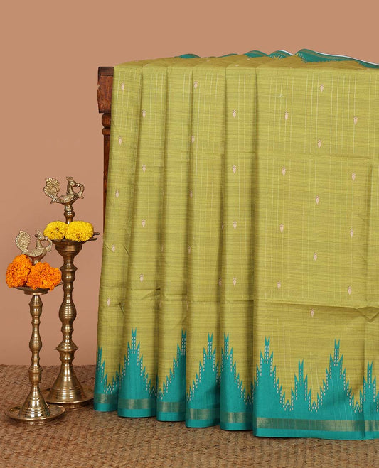 Apple green small butta design kathan silk saree with contrast temple border & striped, temple design pallu along with striped blouse