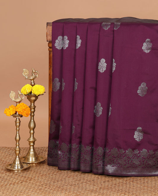 Purple kanchi silk saree with flower zari buttas across its body, zari border of floral vine & ogee patterned pallu