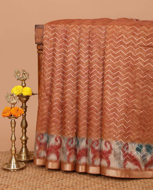Mustard semi-dupion saree with zig-zag stripes in golden color zari, pochampally ikkat border of traditional zari design & pallu of pochampally-style print
