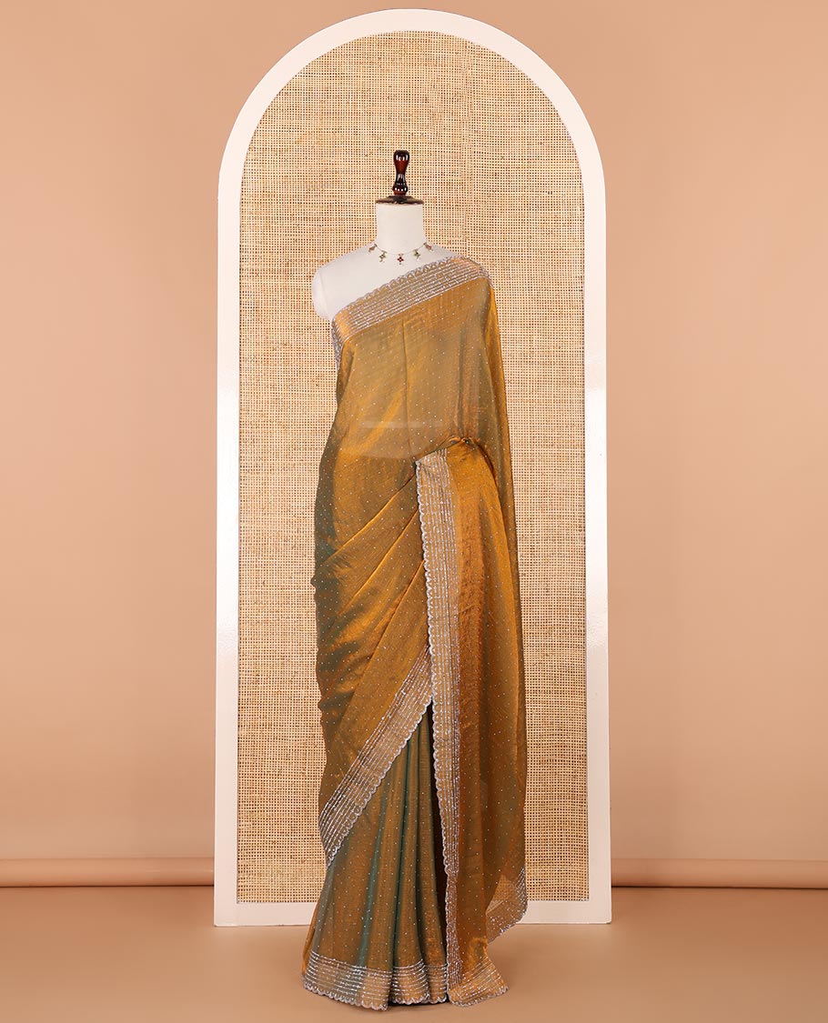 Mehendi green plain fendy chiffon saree,swarovski crystal stonework border & contrast blue color stone work border blouse