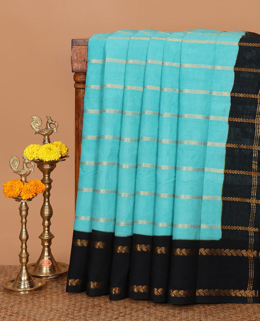 Blue veldhari striped sungudi cotton saree,contrast rettai pettu zari border,zari checked pallu & zari design blouse