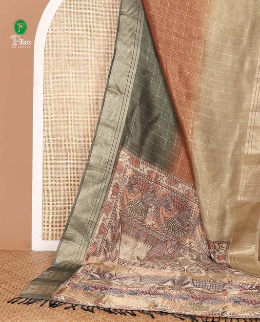 Green ombre zari checked tissue jute saree,traditional border,pallu of Madhubani hand painting-style print & blouse of lotus print