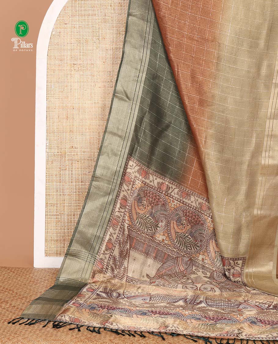 Green ombre zari checked tissue jute saree,traditional border,pallu of Madhubani hand painting-style print & blouse of lotus print