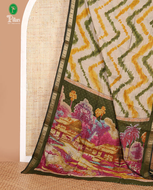 Green zig-zag shibori printed Maheshwari silk saree,contrast peacock zari border, nature-theme scenery print pallu & butta print blouse