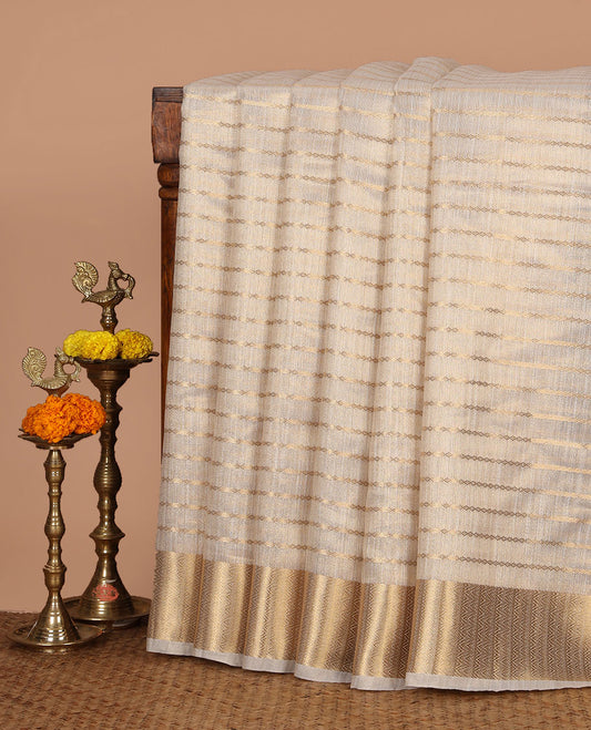 Half-white zari horizontal stripes viscose georgette saree, zari-vanki design border, lining seer pallu & zari design running blouse