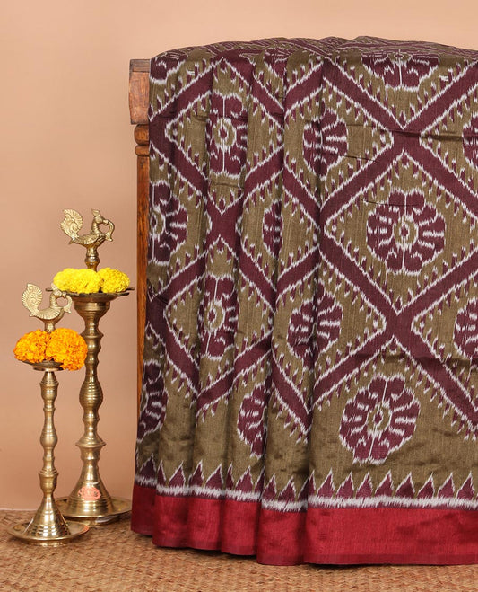 Olive green Ikkat deisgn printed jute tussar silk saree , contrast border , ikkat  design printed pallu