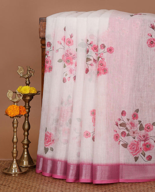 White rose floral printed linen saree, contrast silver bavanji border, floral printed pallu & floral printed gajri blouse