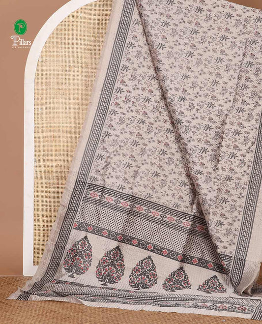 Tan warli-village theme printed litchi crushed saree, printed border, self-pallu & small butta printed blouse