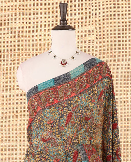 Blue intricate floral & bird printed kimaya saree, peacock printed border, printed pallu & contrast printed blouse