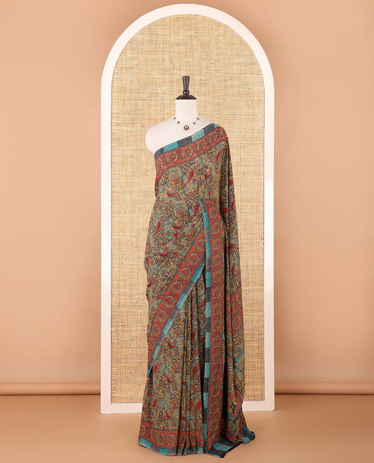 Blue intricate floral & bird printed kimaya saree, peacock printed border, printed pallu & contrast printed blouse