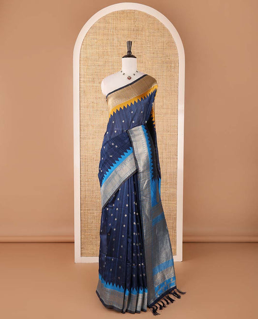 Blue buttas banarasi jute saree, contrast traditional zari ganga-jamuna-style satin thread border, intricate pallu & plain blue blouse
