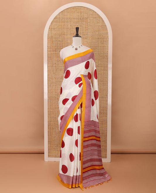 Cream polka dot printed khadi cotton saree, contrast piping border with stripes print, stripes printed pallu & yellow stripes printed blouse
