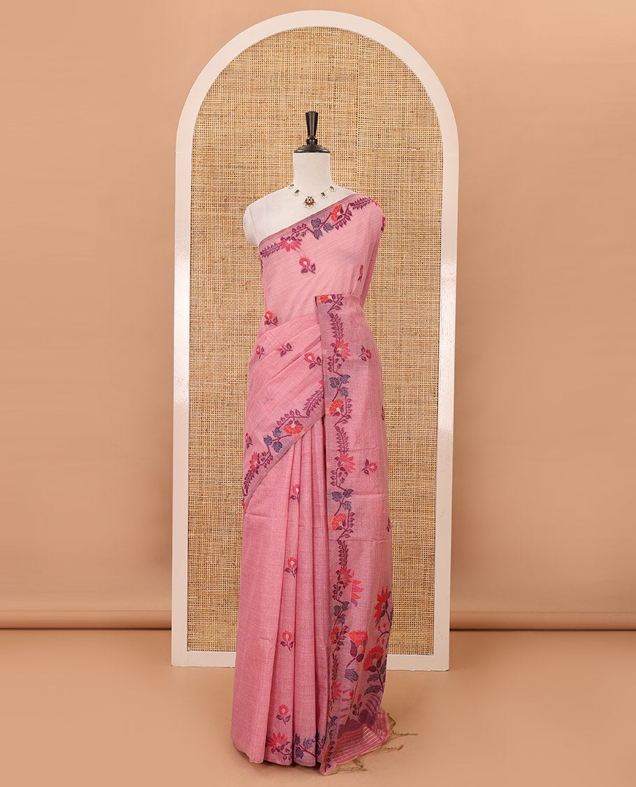 Pale pink meena buttas woven linen saree, jamdhani-style floral design woven border, floral design pallu & contrast zari butta blouse