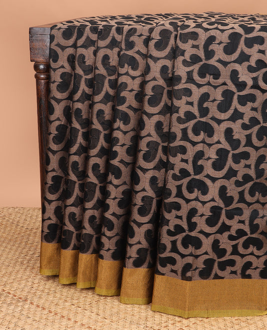 Black with mustard thread weaving banaras kotta weaving saree , contrast metalic gold brown & kottal palian blouse