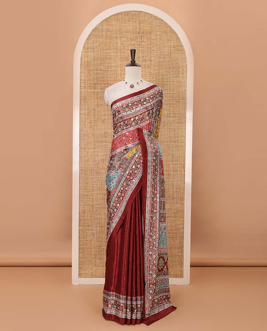 Maroon-base kaleidoscope-coloured intricately printed & real mirror embroidery masakali saree, self-border, self-pallu & matching blouse