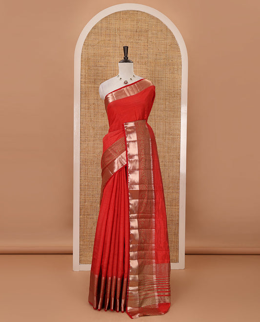 Red plain tussar saree, traditional zari design border, pallu of zari stripes & matching traditional motif border blouse