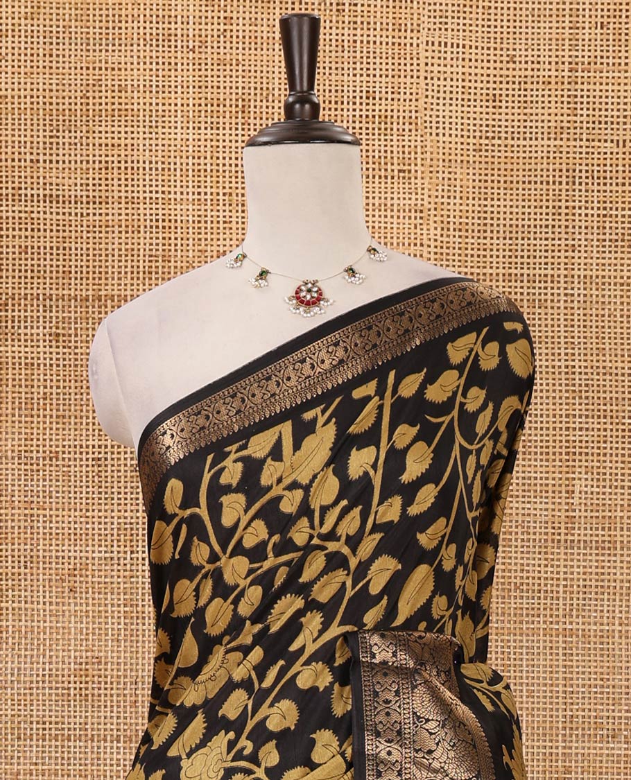 Black-yellow kalamkari floral vine & peacock printed Dola silk saree,traditional border,kalamkari print pallu & matching blouse of print & zariwork