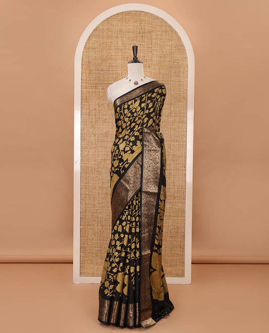 Black-yellow kalamkari floral vine & peacock printed Dola silk saree,traditional border,kalamkari print pallu & matching blouse of print & zariwork