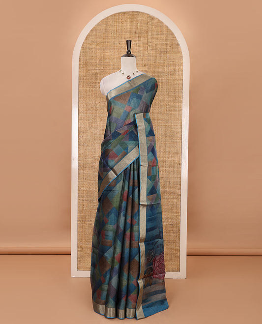 Blue-base colorful abstract printed black spun linen saree, zari piping border, colorful floral printed pallu & geometric printed blouse