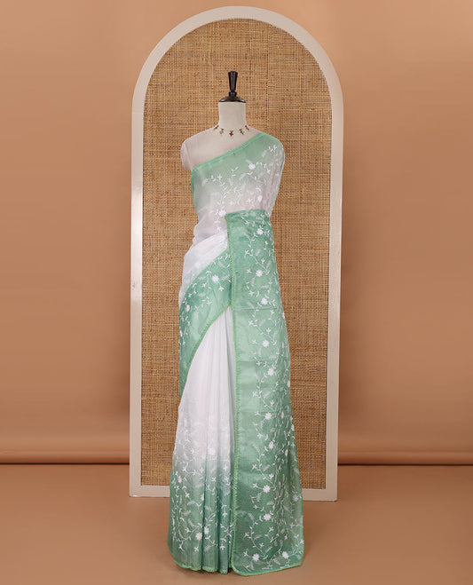 White-green color 2D-style print & floral vine chikankari embroidered kota check saree, lace border & plain blouse