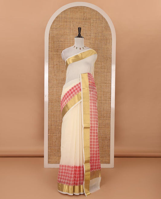 Cream with pink kerala cotton saree , diamond style printed with gold zari tissue bawanchi border & diamond pattern printed pallu with plain blouse
