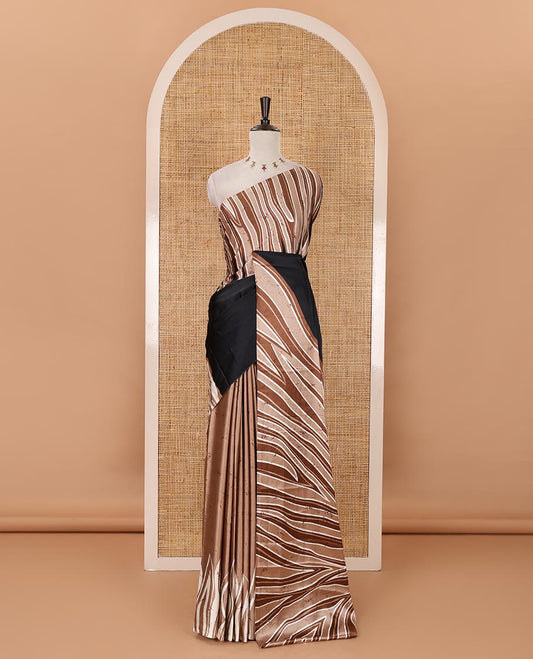 Borderless black-brown color batik-style abstract-printed satin crepe saree, contrast-printed blouse