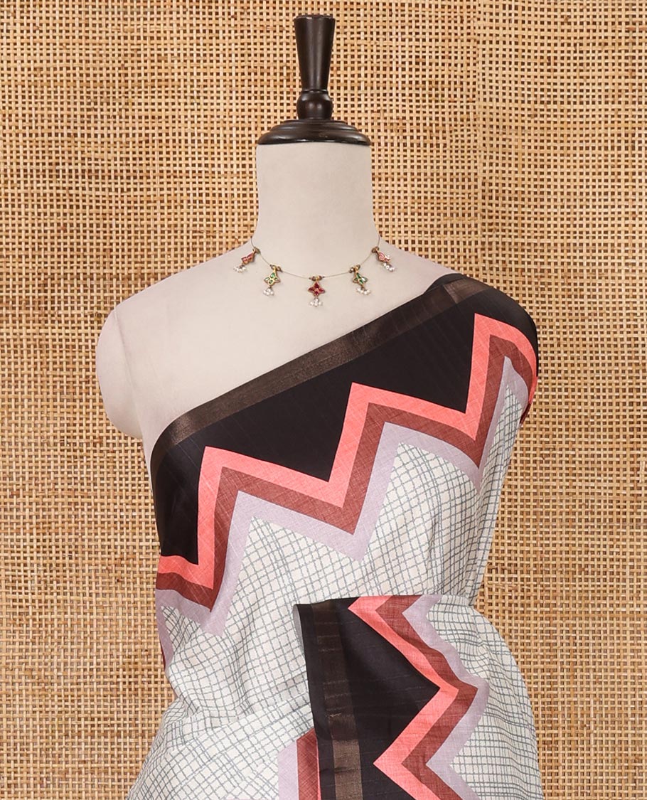 Metallic grey checked katan silk saree, contrast black-pink temple border, multi-color blocked pallu & stripes printed blouse