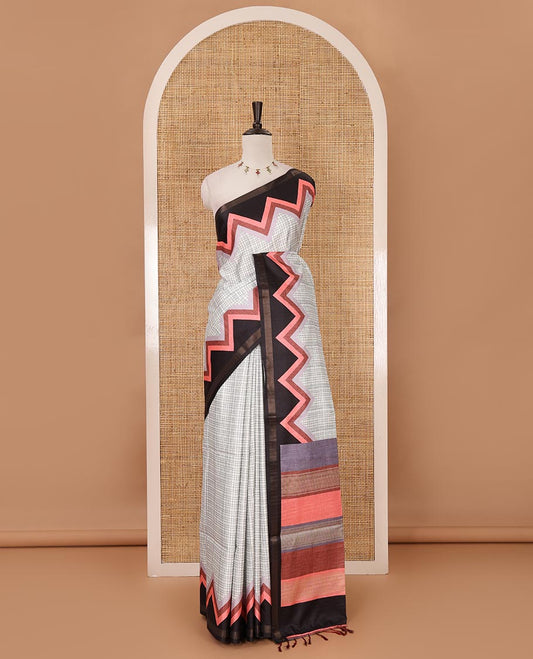 Metallic grey checked katan silk saree, contrast black-pink temple border, multi-color blocked pallu & stripes printed blouse