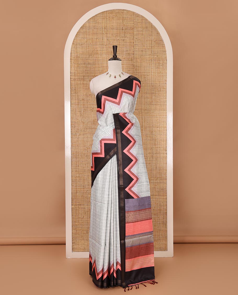 Metallic grey checked katan silk saree, contrast black-pink temple border, multi-color blocked pallu & stripes printed blouse
