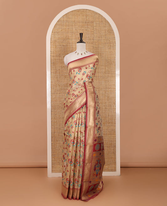 Chikku floral & paisley vine tissue silk saree, contrast temple border, paithani-style peacock & muniya pallu & contrast zari buttas blouse
