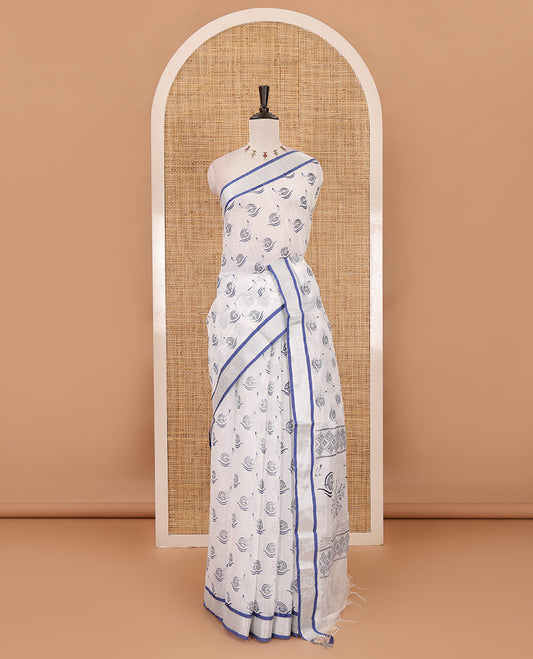 White-blue flying bird motifs printed linen saree, silver bavanji border, printed pallu & plain blouse