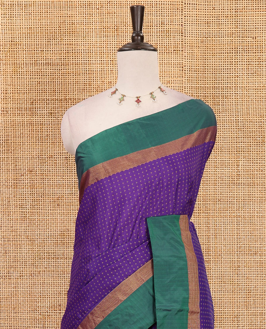 Royal blue plus thread buttas semi-soft saree, contrast zari satin border, striped pallu & contrast plain blouse