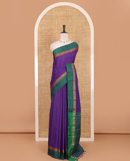 Royal blue plus thread buttas semi-soft saree, contrast zari satin border, striped pallu & contrast plain blouse