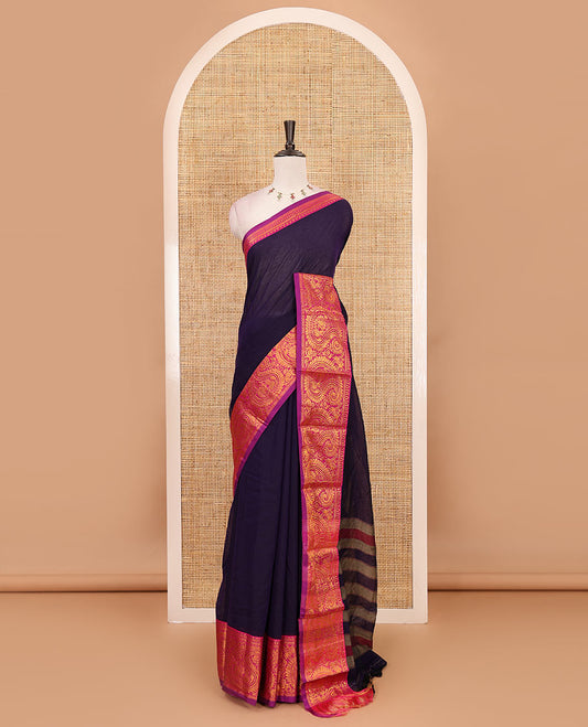 Purple plain design mercerised cotton saree, contrast traditional peacock enclosed manga border, striped pallu & matching blouse