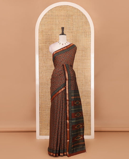 Brown argyle Ajrakh-style printed Muslin cotton saree, zari border, geometric printed pallu & argyle printed blouse