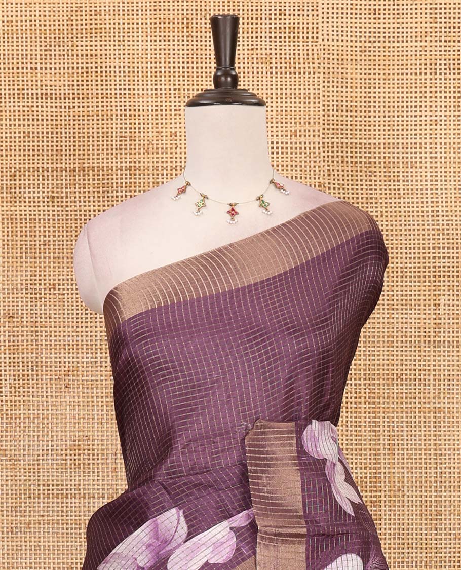 Purple zari checked & Pichwai Lotus digital printed semi-tussar saree, gold zari bavanji border & matching zari checked blouse