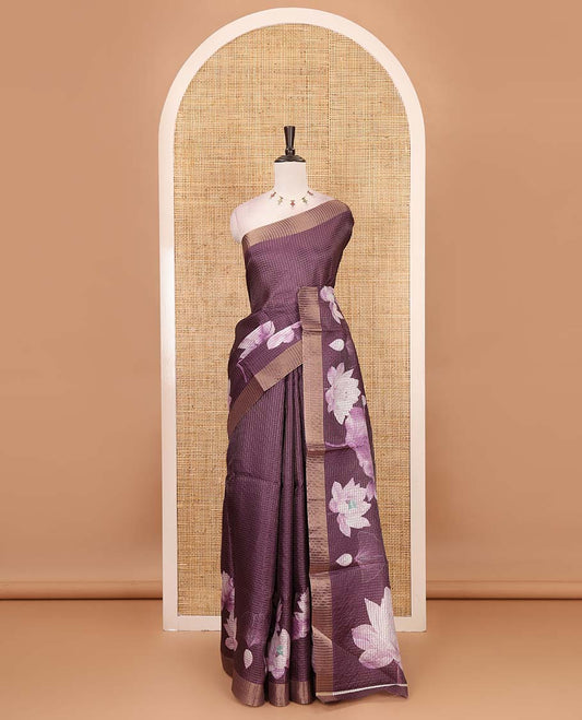 Purple zari checked & Pichwai Lotus digital printed semi-tussar saree, gold zari bavanji border & matching zari checked blouse