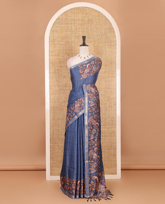 Blue full-plain katan silk saree, double-side kalamkari floral vine and bird printed temple zari border and matching floral vine printed blouse