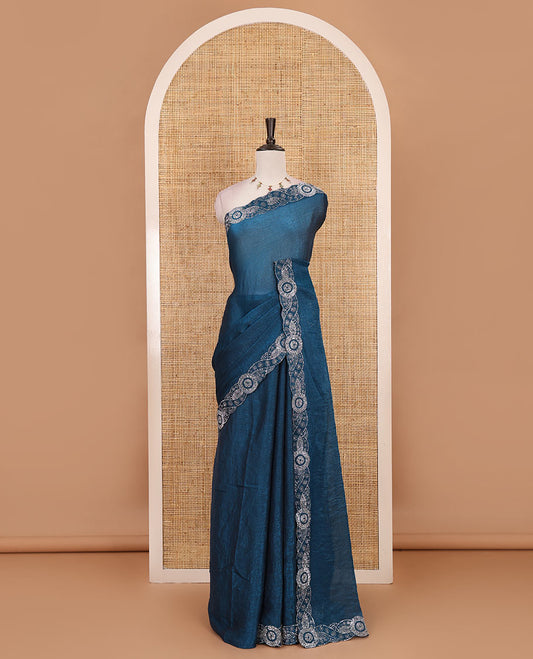 Blue full-plain fendy chiffon saree, scallop swarovski stone work geometric border and contrast plain blouse