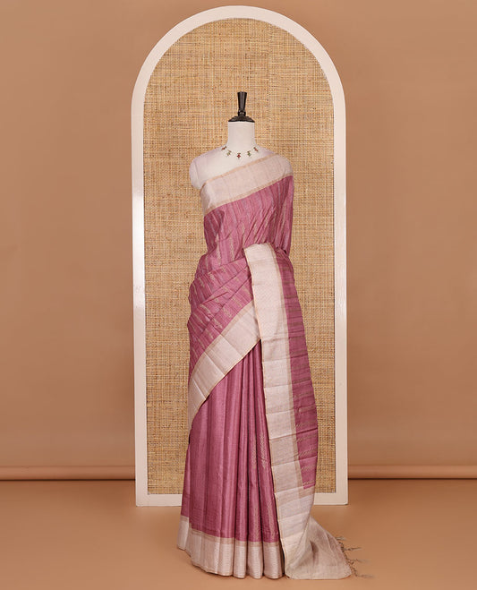 Pink floral vines thread embroidered Tussar saree, contrast Thread border, plain pallu, and contrast blouse