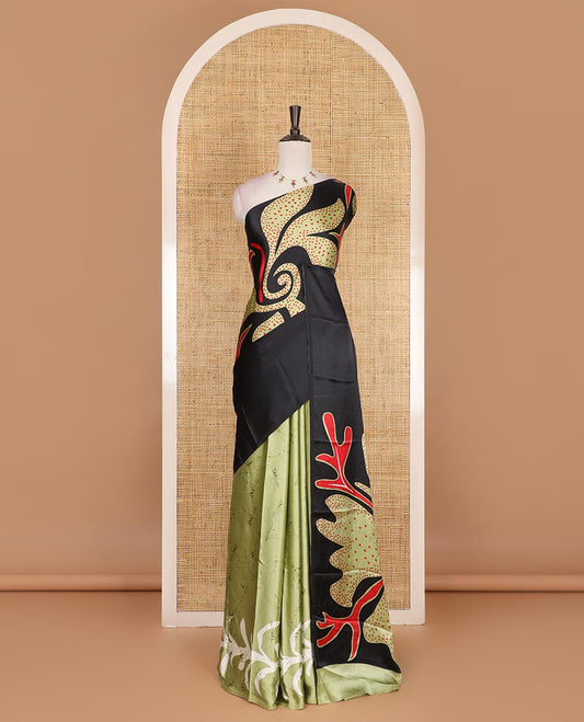 Borderless green abstract style vines batik printed Gajji silk saree, printed pallu, and plain blouse