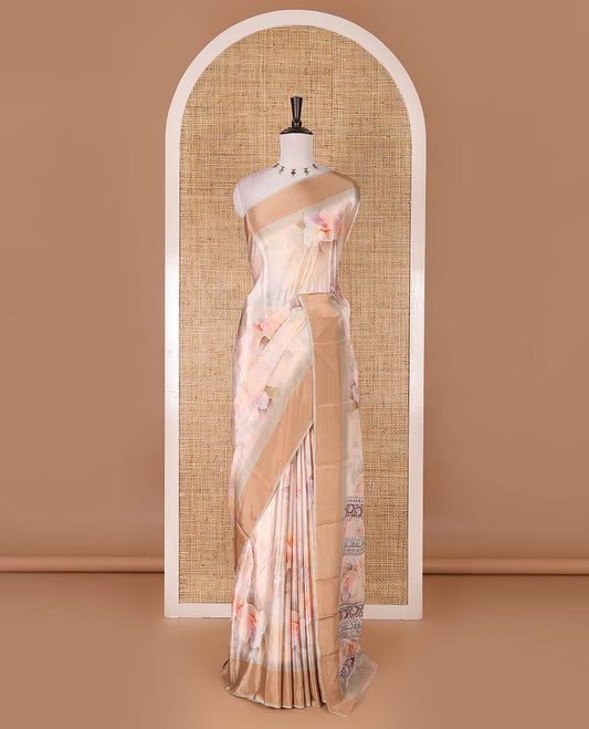 Sandal floral digitally printed Turkey crepe saree, striped border, floral printed pallu, and matching floral printed blouse
