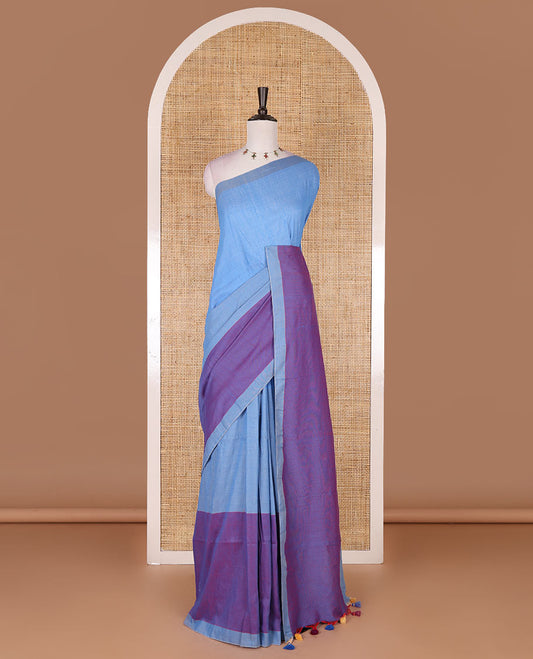 Borderless blue ombre style tri-colored plain Khadi mul cotton saree with full plain blouse