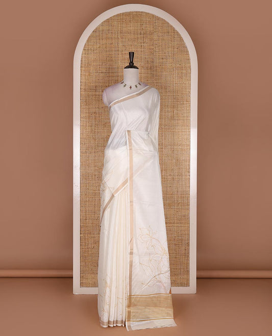 Half-white floral, and kathakali motifs digitally printed Kerala cotton saree, zari border, striped pallu, and matching blouse