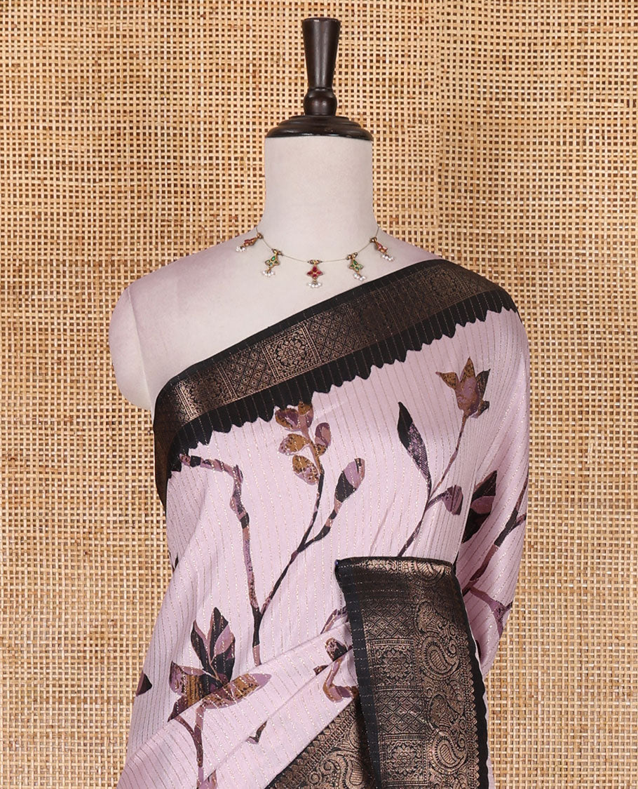 Lilac golden zari stripes, and floral vine printed dola silk saree, contrast traditional temple zari border, and floral printed pallu