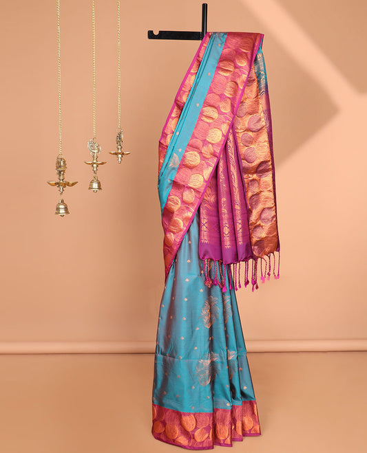 Peacock green copper zari butta luxury soft silk saree with contrast leaf zari border & contrast rich pallu, tussles along with plain blouse