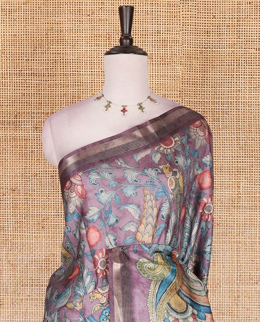 Violet-base multi-color kalamkari floral-vine and peacocks printed semi-tussar saree, gold zari piping border, kalamkari printed pallu, and contrast printed blouse